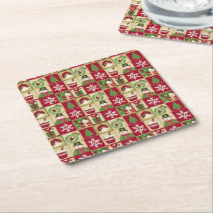 Christmas Theme Snowman Snowflakes Red Green Gold Square Paper Coaster