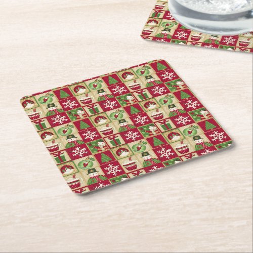 Christmas Theme Snowman Snowflakes Red Green Gold  Square Paper Coaster