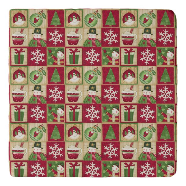 Christmas Theme Snowman Snowflakes Red Green Gold Trivet (Front)