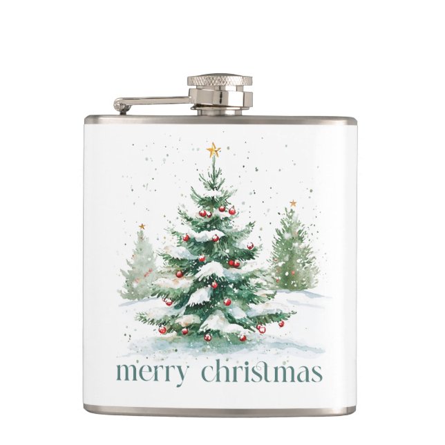 Christmas Theme Snowy Tree Retro Typography Flask (Front)