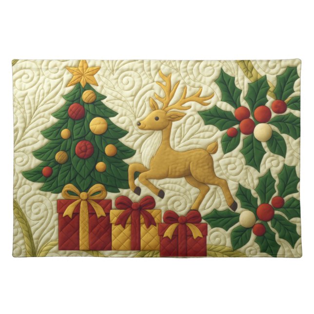 Christmas Theme Tree Reindeer Gifts Quilted Look Cloth Placemat (Front)