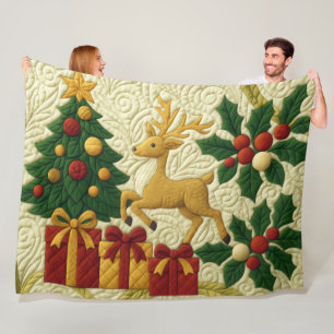 Christmas Theme Tree Reindeer Gifts Quilted Look Fleece Blanket