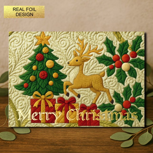 Christmas Theme Tree Reindeer Gifts Quilted Look Foil Holiday Card (Creator Uploaded)