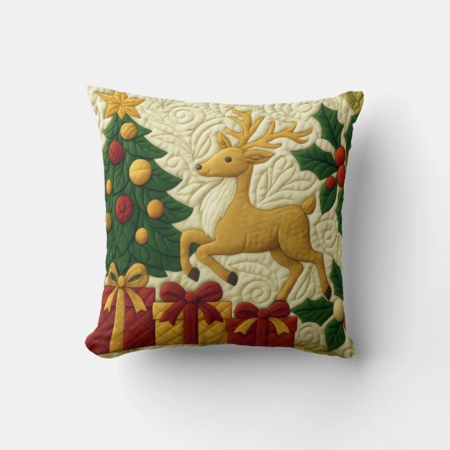 Christmas Theme Tree Reindeer Gifts Quilted Look Throw Pillow (Front)
