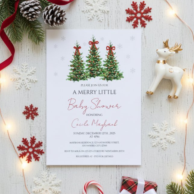 Christmas Themed Baby Shower Invitation (Elegant Christmas themed baby shower invitation with red bows and winter trees on white.)