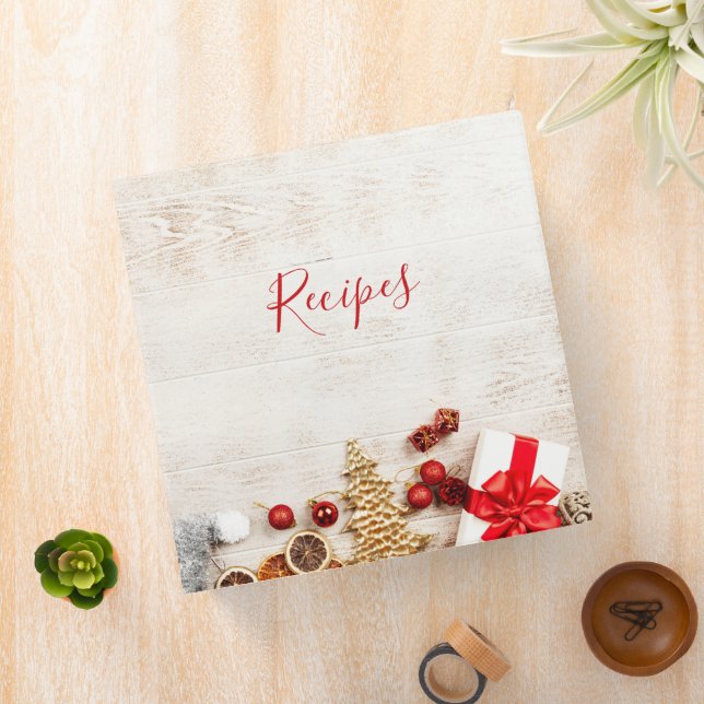 Christmas Themed Items on a Rustic Wooden Board 3 Ring Binder (In Situ)
