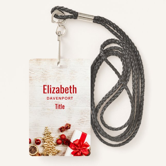 Christmas Themed Items on a Rustic Wooden Board Badge (Front with Lanyard)