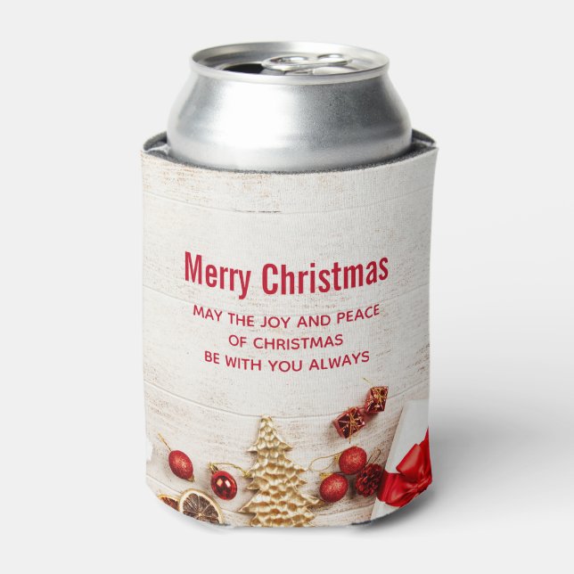 Christmas Themed Items on a Rustic Wooden Board Can Cooler (Can Front)