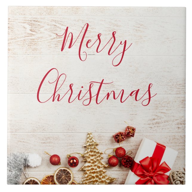 Christmas Themed Items on a Rustic Wooden Board Ceramic Tile (Front)