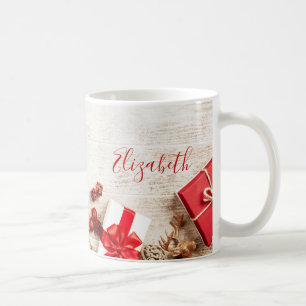 Christmas Themed Items on a Rustic Wooden Board Coffee Mug