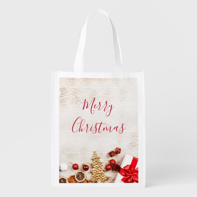 Christmas Themed Items on a Rustic Wooden Board Grocery Bag (Front)
