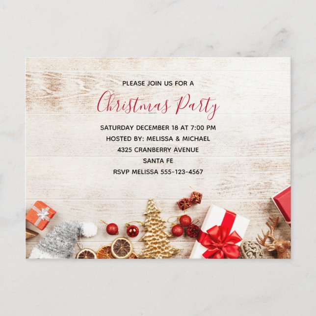 Christmas Themed Items on a Rustic Wooden Board Invitation Postcard (Front)