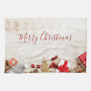Christmas Themed Items on a Rustic Wooden Board Kitchen Towel