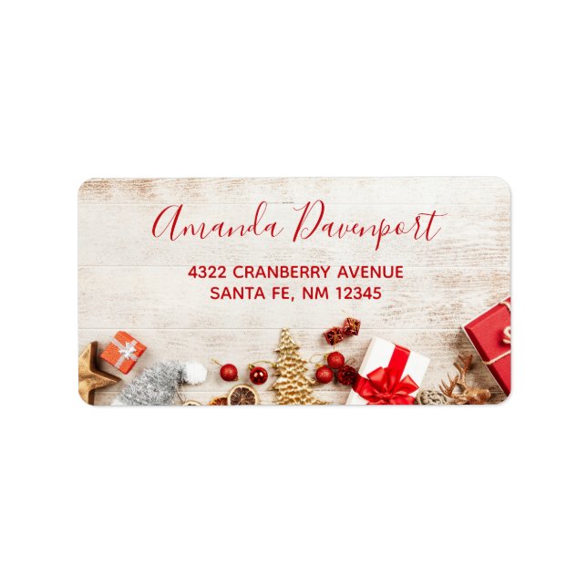 Christmas Themed Items on a Rustic Wooden Board Label (Front)