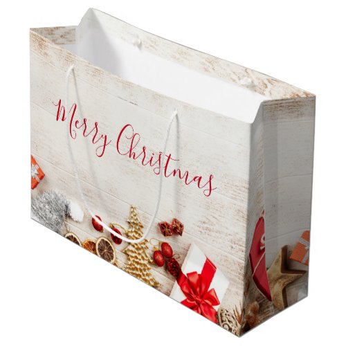Christmas Themed Items on a Rustic Wooden Board Large Gift Bag