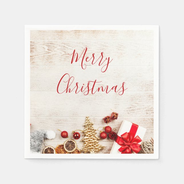 Christmas Themed Items on a Rustic Wooden Board Napkins (Front)