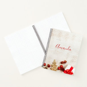 Christmas Themed Items on a Rustic Wooden Board Notebook