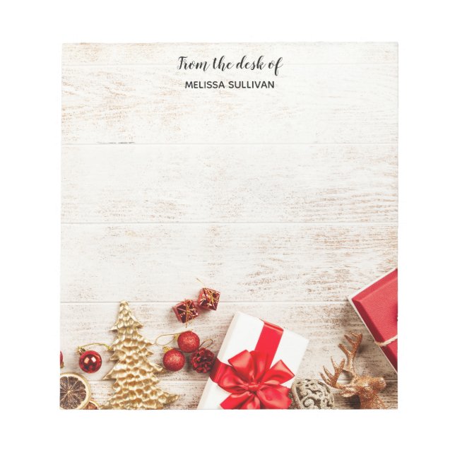 Christmas Themed Items on a Rustic Wooden Board Notepad (Front)