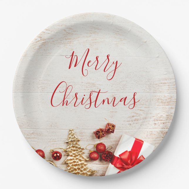 Christmas Themed Items on a Rustic Wooden Board Paper Plates (Front)