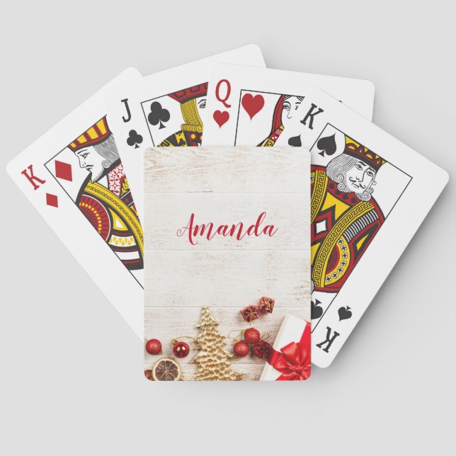 Christmas Themed Items on a Rustic Wooden Board Poker Cards (Back)