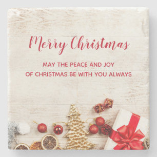 Christmas Themed Items on a Rustic Wooden Board Stone Coaster