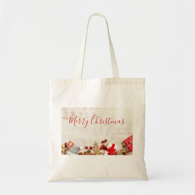Christmas Themed Items on a Rustic Wooden Board Tote Bag (Front)