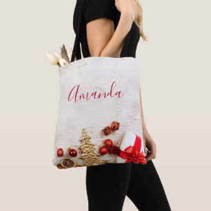 Christmas Themed Items on a Rustic Wooden Board Tote Bag