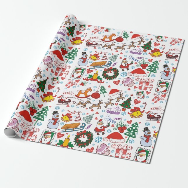 Christmas Themed Pattern with Santa and his Sleigh Wrapping Paper (Unrolled)