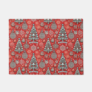 Christmas-Themed Pattern with Trees, Snowflakes Doormat