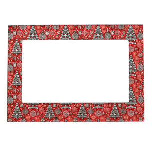 Christmas-Themed Pattern with Trees, Snowflakes Magnetic Frame