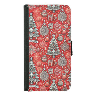 Christmas-Themed Pattern with Trees, Snowflakes Samsung Galaxy S5 Wallet Case