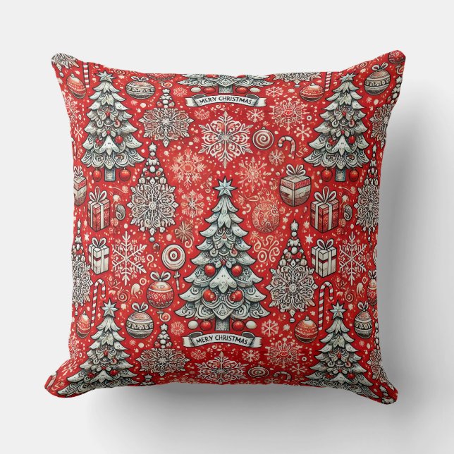 Christmas-Themed Pattern with Trees, Snowflakes Throw Pillow (Front)