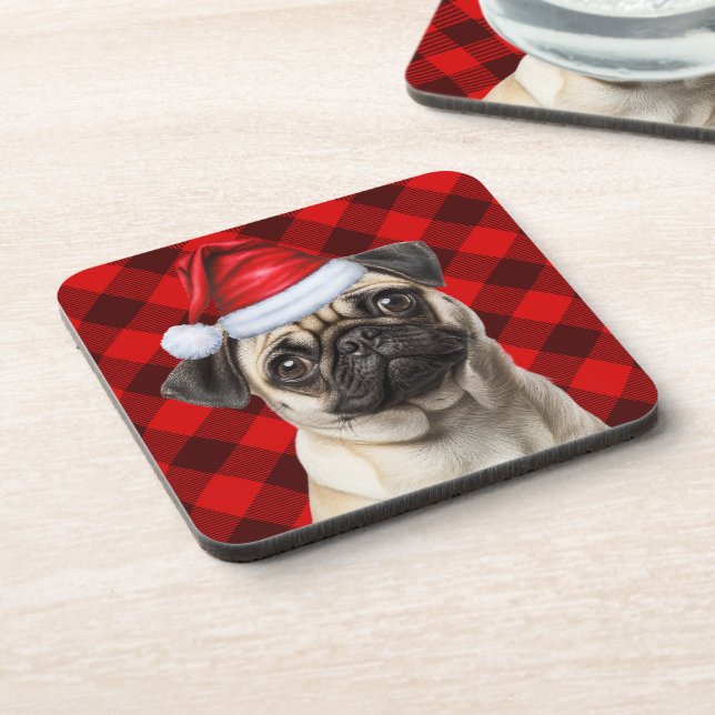 Christmas Themed Pug Dog Holiday Buffalo Plaid Beverage Coaster (Left Side)