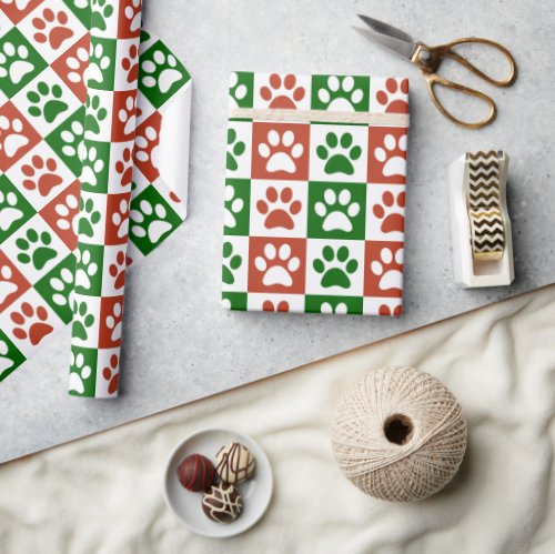 Christmas themed Red and Green Paw Print Pattern Wrapping Paper