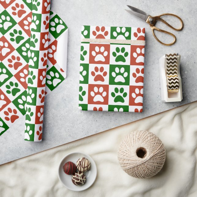 Christmas themed Red and Green Paw Print Pattern Wrapping Paper (Crafts)