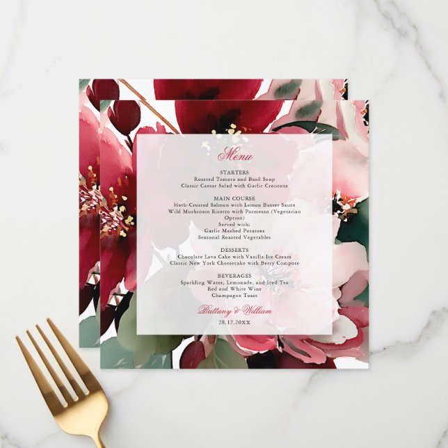  Christmas Themed Red Floral Wedding  Menu (Front/Back In Situ)
