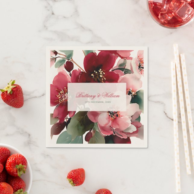  Christmas Themed Red Floral Wedding  Napkins (Insitu)