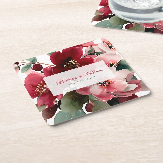  Christmas Themed Red Floral Wedding  Square Paper Coaster (Angled)