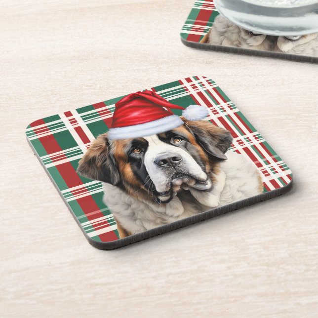 Christmas Themed Saint Bernard Dog Holiday Plaid Beverage Coaster (Left Side)