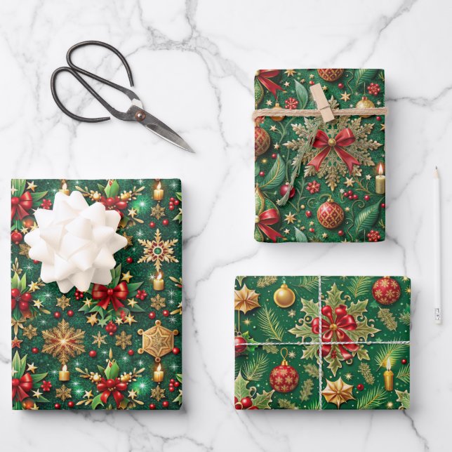 Christmas-themed three festive patterns wrapping paper sheets (Front)