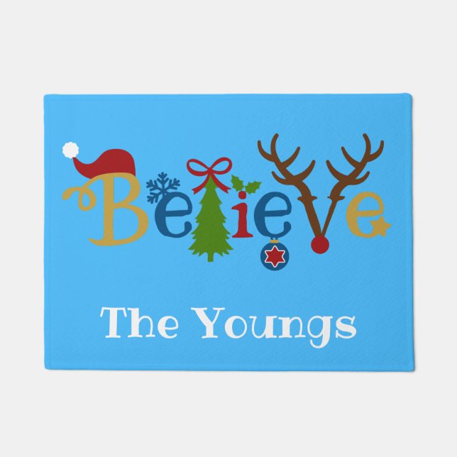 Christmas Themed Welcome Mat with Believe (Front)