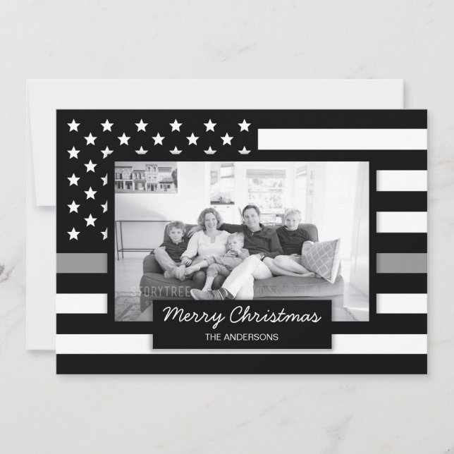 Christmas Thin Gray Line American Flag Photo Card (Front)