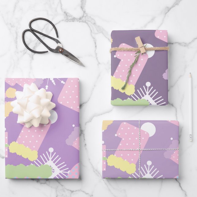 Christmas Things Pastel Purple Pattern Wrapping Paper Sheets (Front)