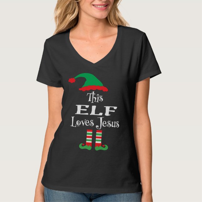 Christmas This Elf Loves Jesus Religious  Xmas T-Shirt (Front)