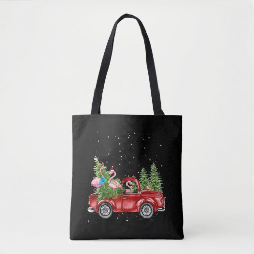 Christmas Three Flamingo Red Truck Xmas Santa Hat Tote Bag