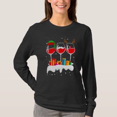 Christmas Three Glass Of Red Wine Xmas Reindeer EL T_Shirt