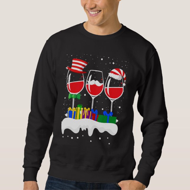 Christmas Three Glass Of Red Wine Xmas Santa ELF Sweatshirt (Front)