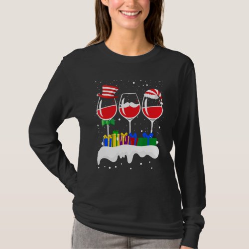 Christmas Three Glass Of Red Wine Xmas Santa ELF T_Shirt