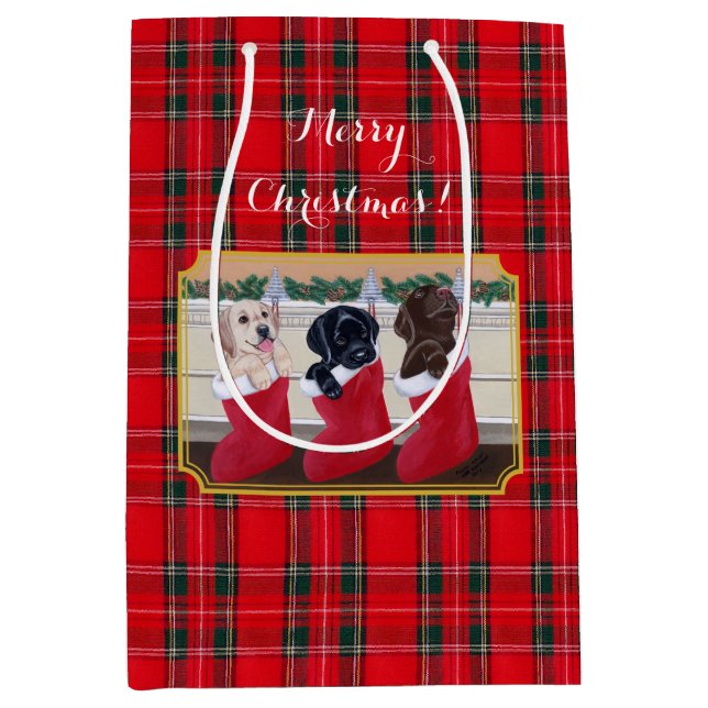 Christmas Three Labrador Puppies Tartan Medium Gift Bag (Front)