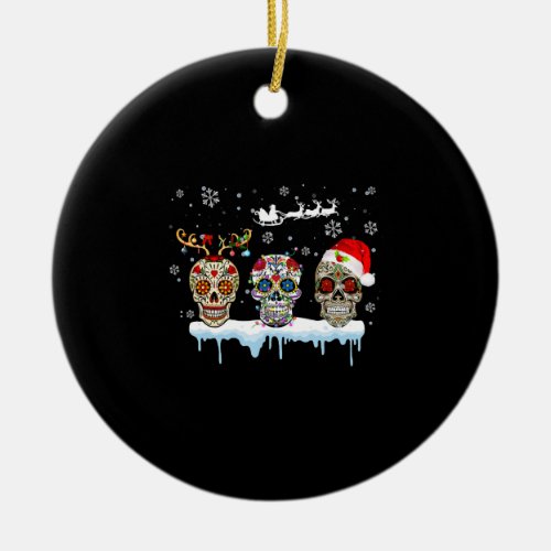 Christmas Three Mexican Flower Sugar Skull In Ceramic Ornament